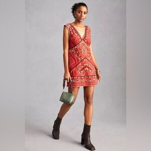 Anthropologie Red Embroidered Mini Dress
